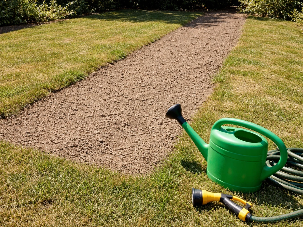 Tuin in volle zon met een ingezaaide strook gras en een gieter die klaarstaat om te irrigeren bij hitte