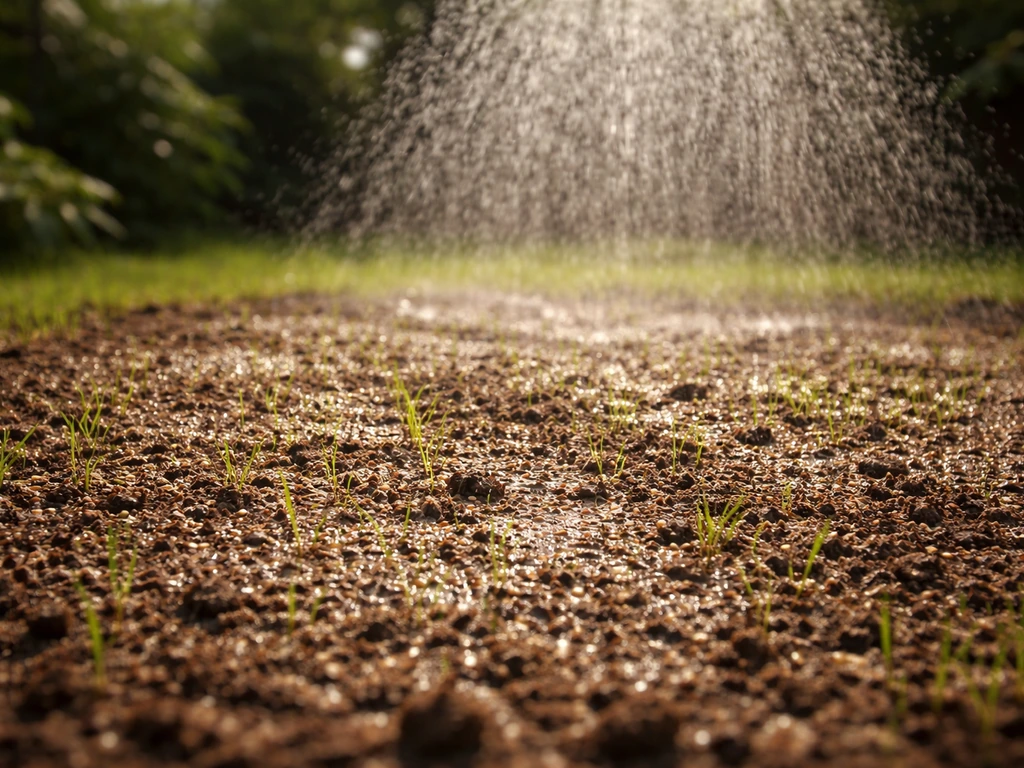 Sproeistraal/ druppelberegening boven ingezaaid graszaadbed met zichtbaar vocht, in een rustige tuinomgeving.