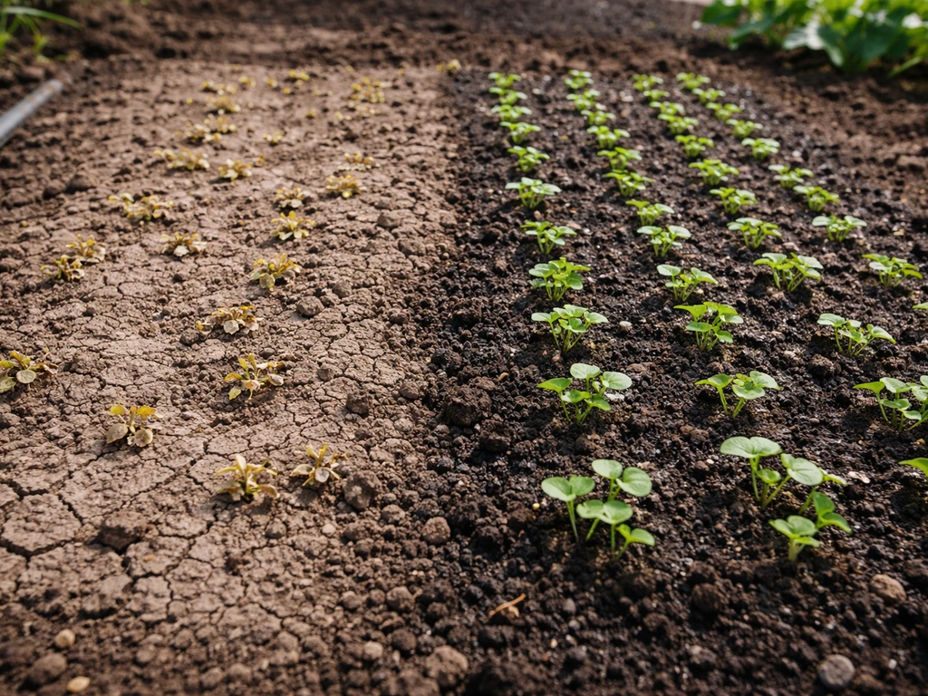 Moestuinbed met ingezaaid oppervlak: links kapotgedroogde kiem, rechts gezonde, vochtig gehouden strook.
