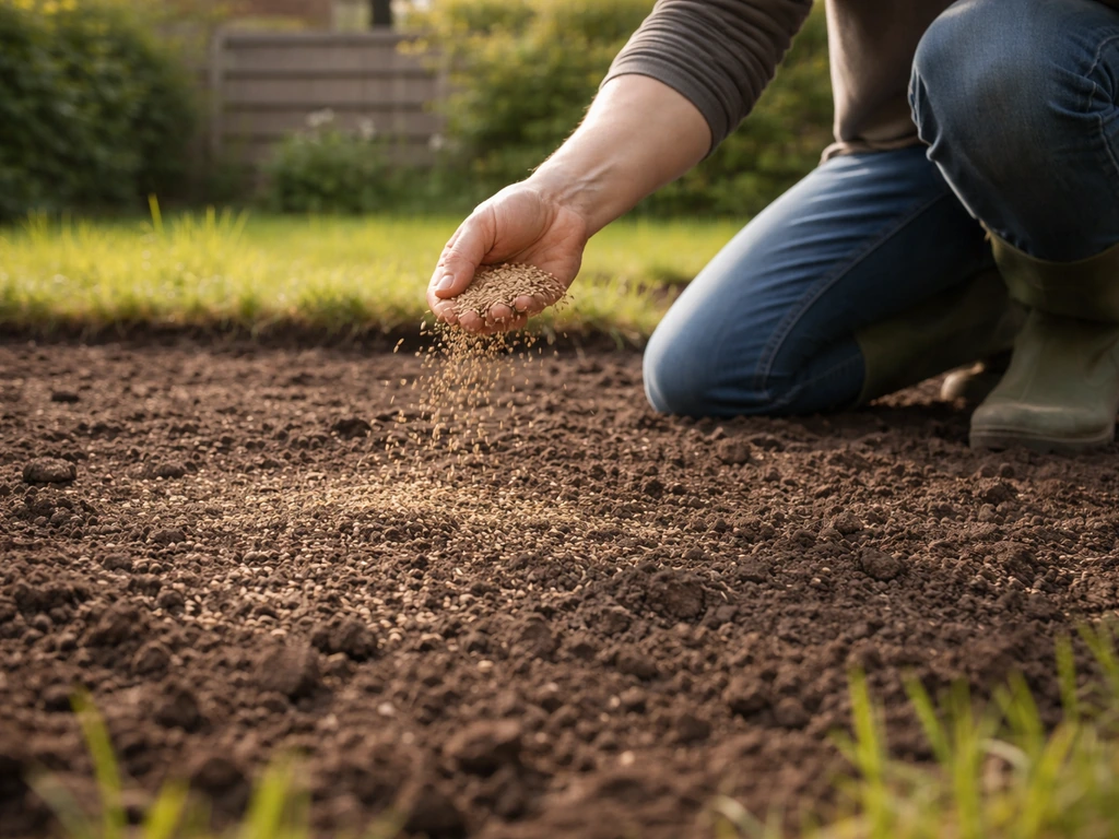Iemand zaait graszaad in een zonnige tuin in het voorjaar, met zichtbare groene bodem en zacht licht