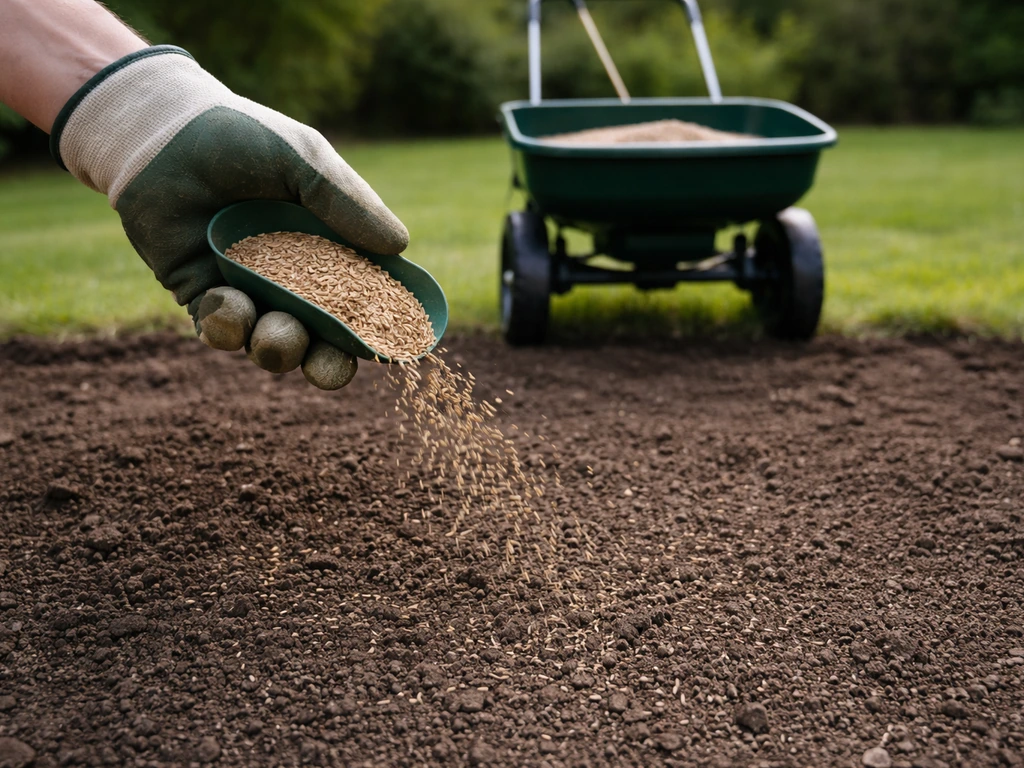Gezonets strookje met graszaad: handmatig uitstrooien naast een strooiwagen in de tuin, zonder tekst.