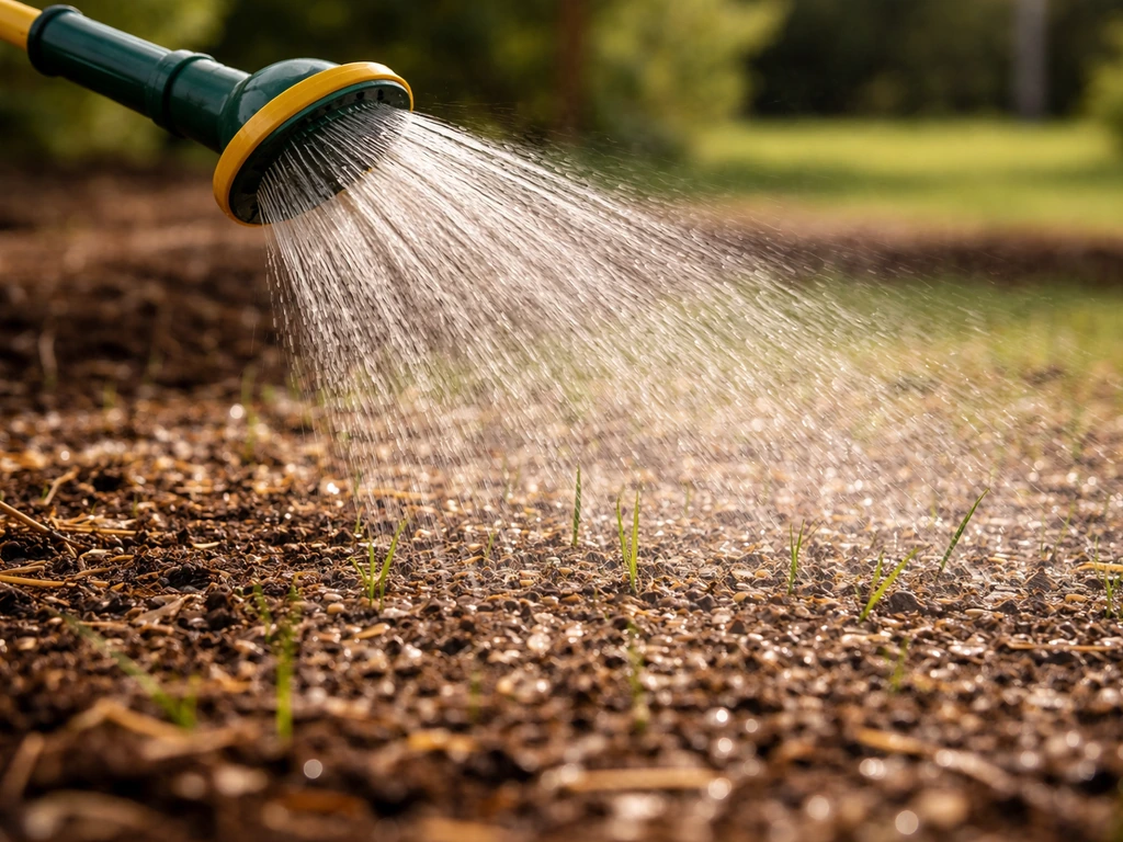 Ingezaaid gazon met tuinsproeier: nat zaadbed en fijne sproeikop in een stille tuin.