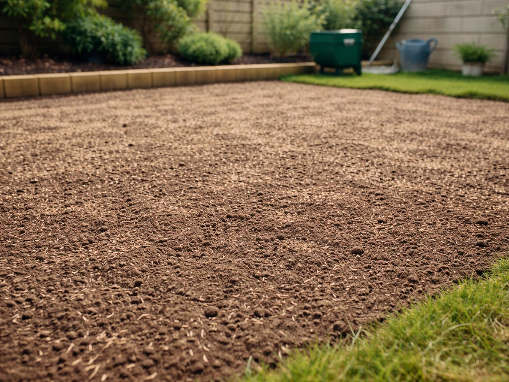 Net ingezaaid Nederlands grasveld met fijngeharkt zaaibed en zichtbare graszaadjes in een rustige tuin.