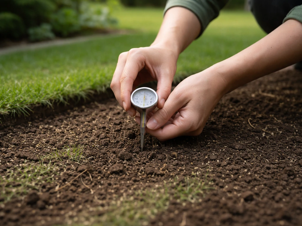 Anonieme handen steken een bodemthermometer in de grond naast een ingezaaide strook gazon.