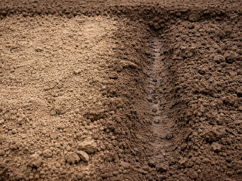 Close-up van omgewerkte zand- en kleigrond met zichtbare textuur en subtiele afwateringssporen.