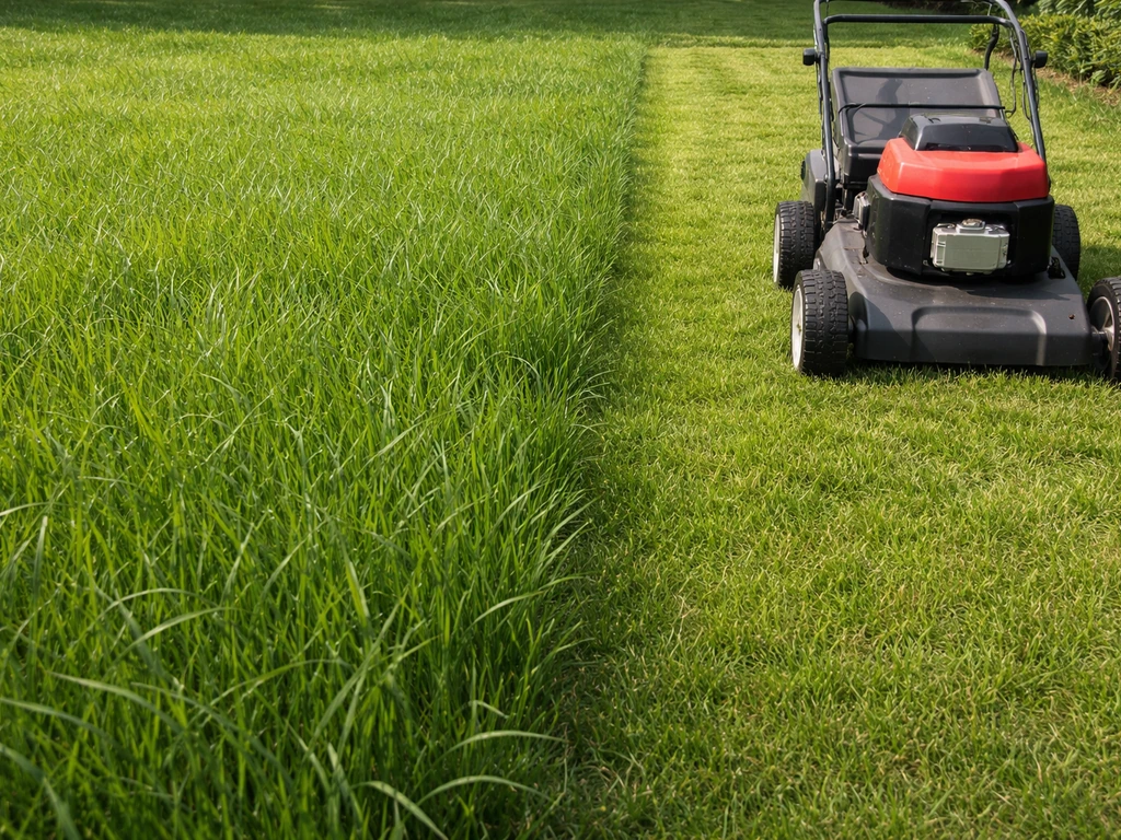 Maaier op hoge stand die vers ingezaaid gras maait; lang gras van 8–10 cm wordt net korter gemaaid.