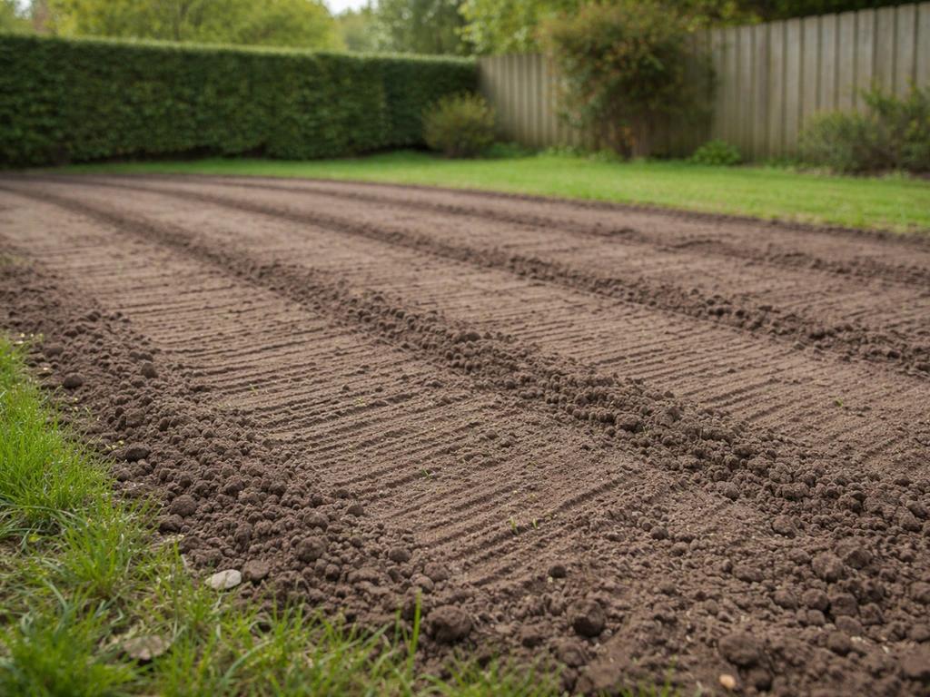 Vergezicht over voorbereide stroken aarde in een Nederlandse tuin tijdens het zaaiseizoen, zonder mensen.
