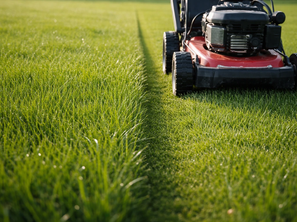 Grasmaaier die een jong ingezaaid gazon maait, gras zichtbaar rond 8–9 cm hoog.