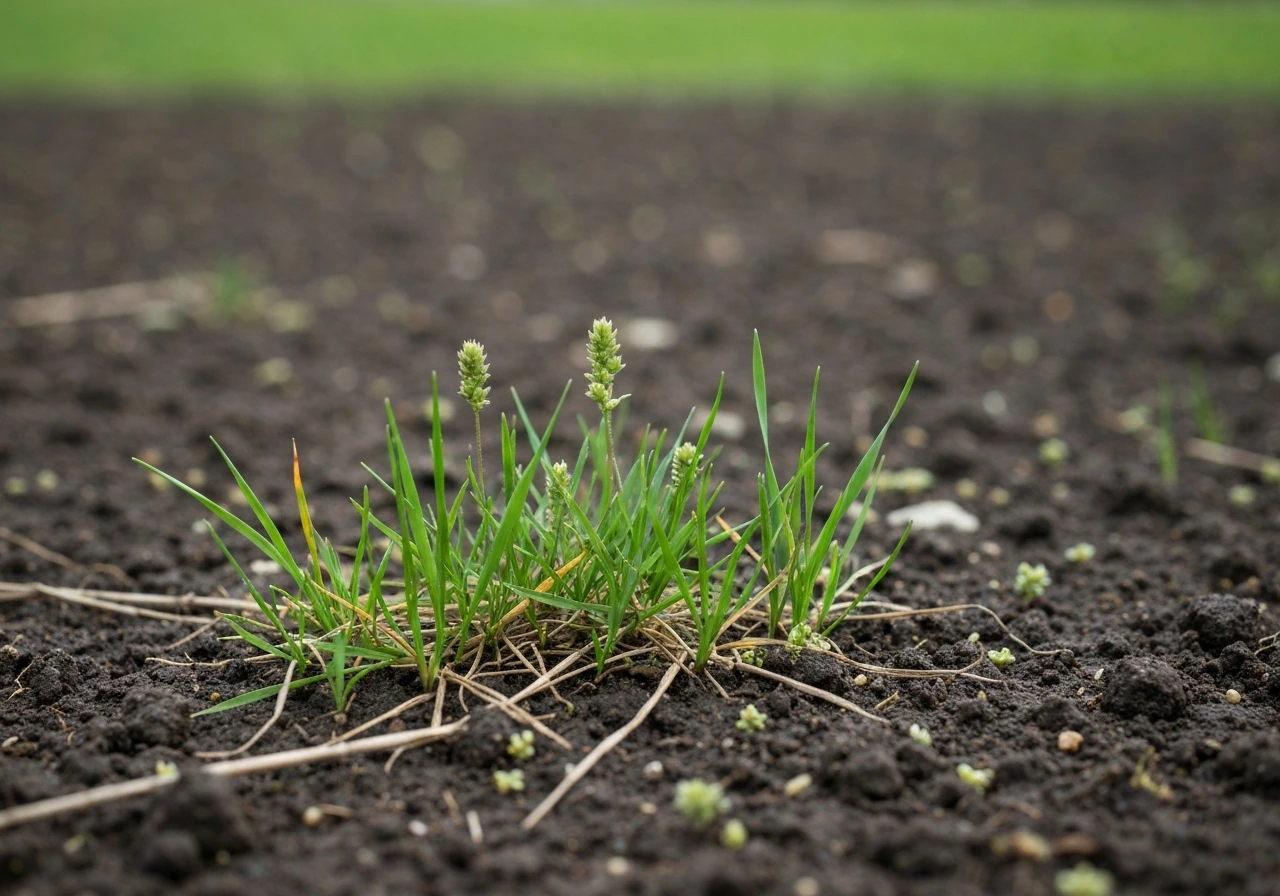 Close-up van graszaad en kiemplantjes in de grond, met kale plekken en ontbrekende sprieten na vorst.