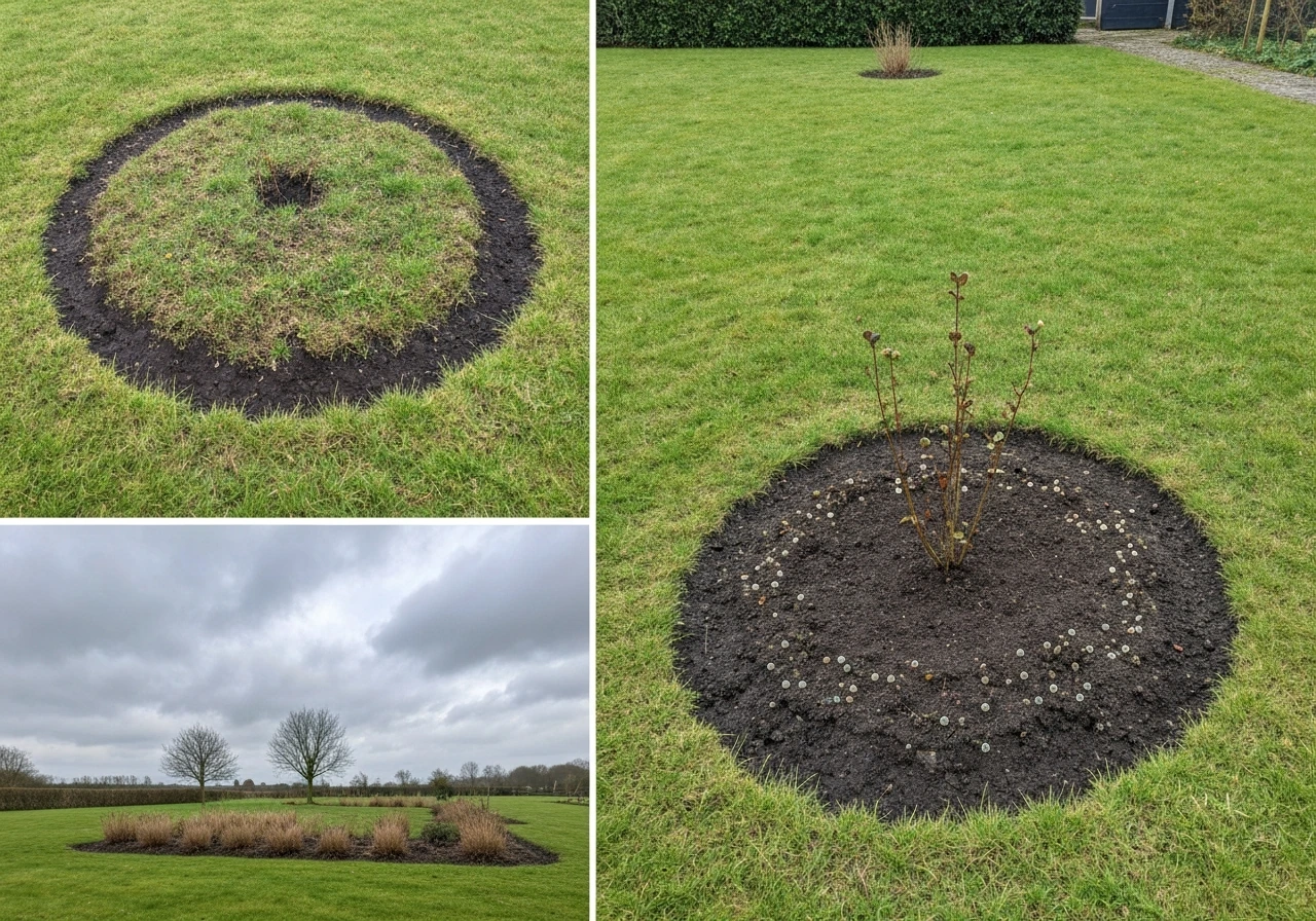 Ochtendrijp en een beginnende dooi op een grasrand en donkere natte aarde in de tuin