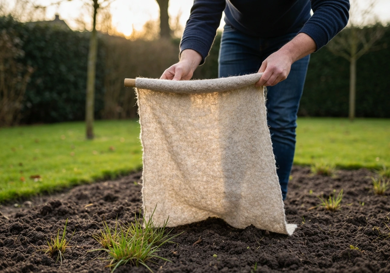 Tuinier legt een wintervlies over ingezaaide grasstrook om nachtvorst te weren