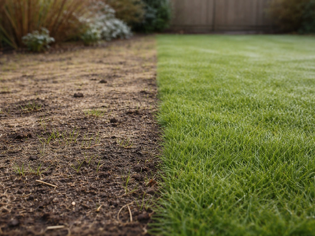 Links kale ingezaaide plekken met kiemplantjes, rechts een recent gelegde grasmat die direct groen is.