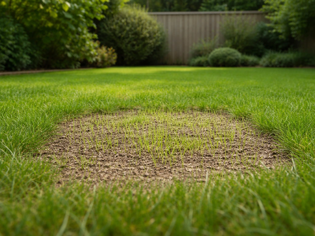 Nederlands gazon met een herstelde kale plek en verse kiemsprieten na gras bijzaaien in augustus.