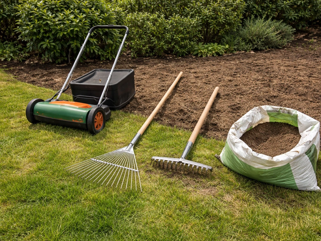 Gereedschap voor grasbodem voorbereiden: grasmaaier, hark/rijhark en verticuteerder met instrooizand.