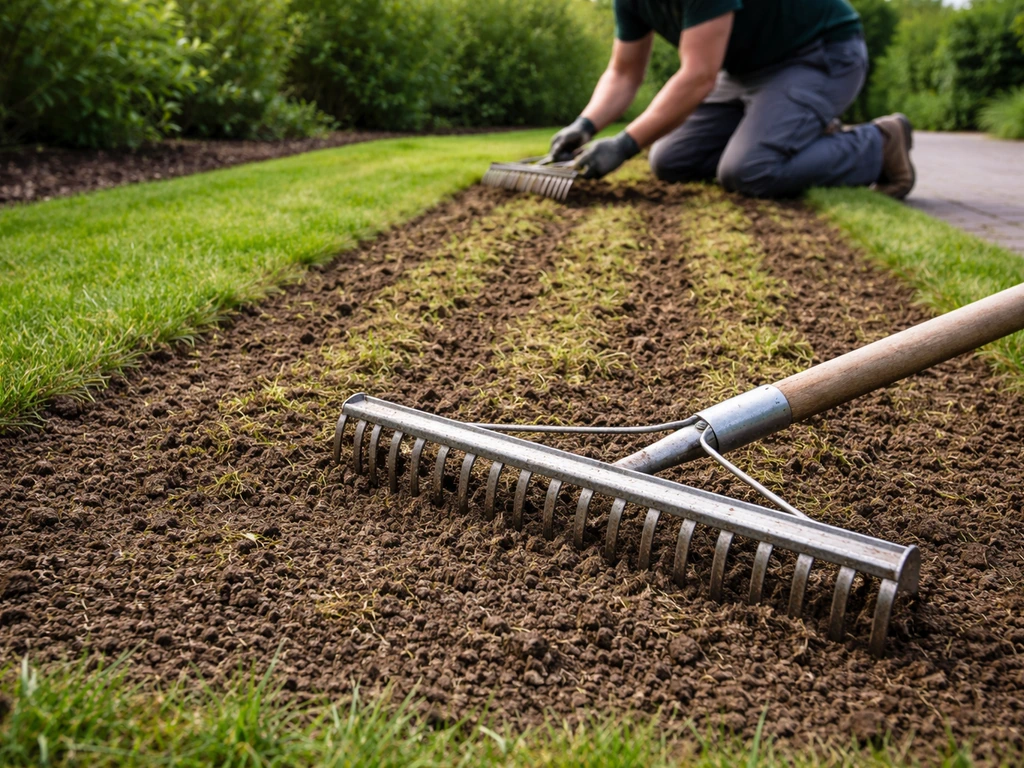 Iemand verticuteert een gazon en egaliseert daarna de grond met een rijhark, kale plekken zichtbaar.