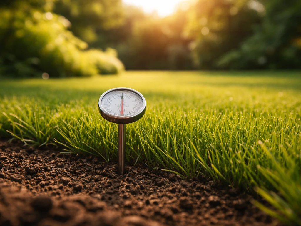 Thermometer op een gazon met zacht zomerlicht, die aangeeft wanneer bijzaaien kansrijk is.