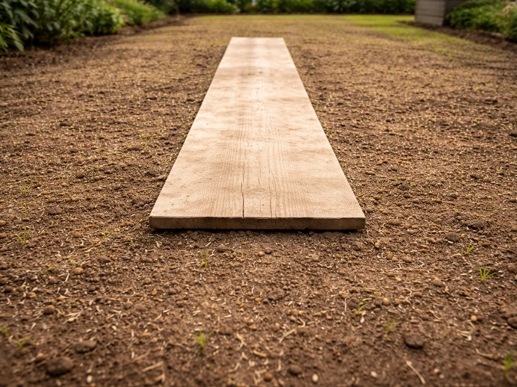 Bovenaanzicht van een pas ingezaaid gazon met zichtbare graszaadjes en een plank als looppad, zonder mensen.