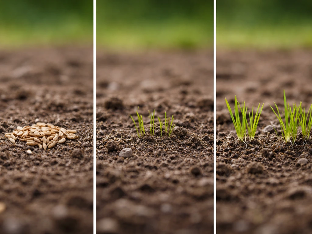 Close-up van een pas ingezaaid gazon: van zaadkorrels naar eerste sprietjes en kleine, goed gewortelde grasplantjes.