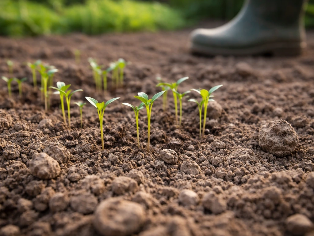 Jonge sprieten van 3–6 weken, 5–8 cm hoog, droge stevige grond met tuin-schoen op afstand