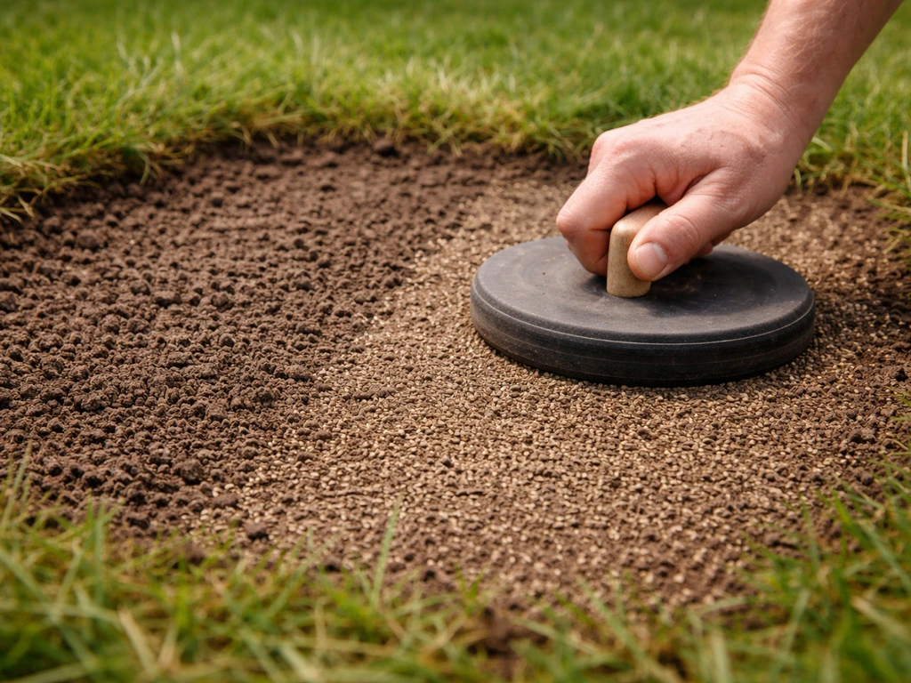 Kale plek in het grasmat met losgeharkte aarde, ingezaaid bijzaad en zacht aange stampte reparatie