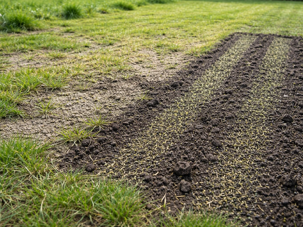 Close-up van kale plekken in een Nederlands gazon met voorbereide grond en ingezaaide stroken