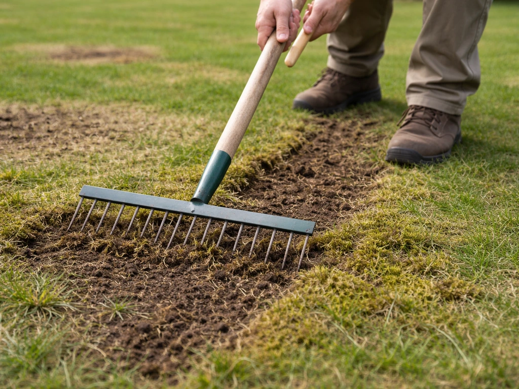 Persoon harkt kale plekken in het gras zodat mos en resten loskomen en de bodem weer zichtbaar is.