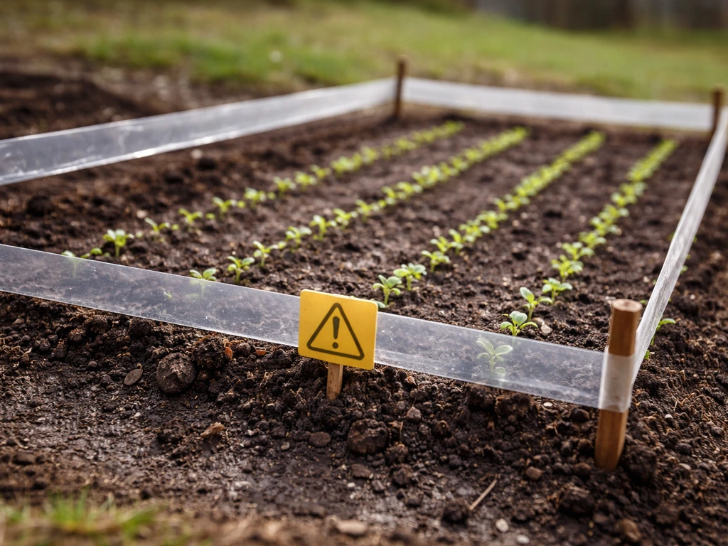 Beschermde zaaiplek in de tuin met afzetting en kwetsbare kiemplanten, met vochtige aarde in maartlicht.