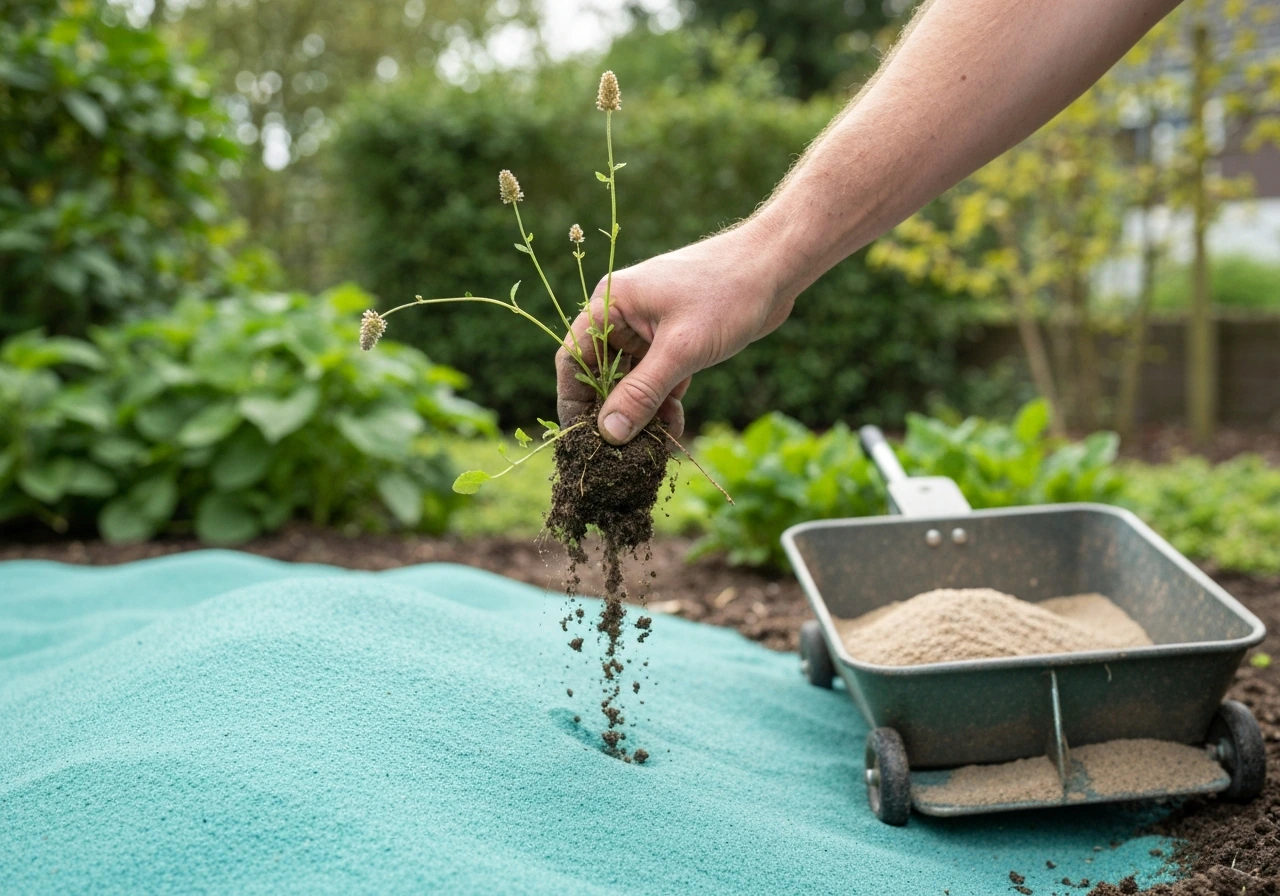 Tuinhulp trekt onkruid met wortels los uit een geel zand zaaibed, klaar om te egaliseren en te verbeteren.