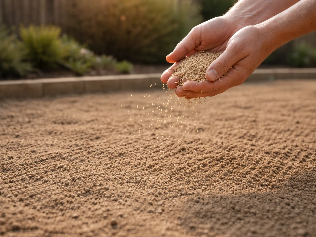 Hand strooit graszaad op klaargelegde tuinbodem, droge zomerachtige sfeer in een Nederlandse tuin