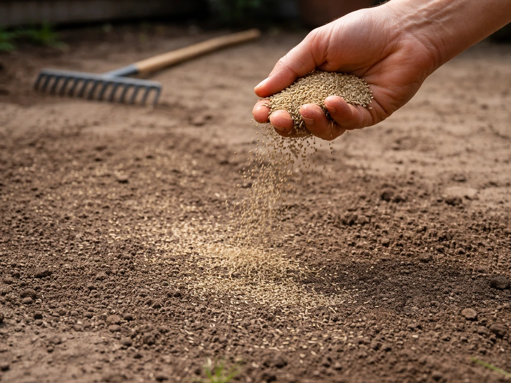 Iemand zaait graszaad in droge tuingrond, close-up van de hand en zaad, met hark in beeld