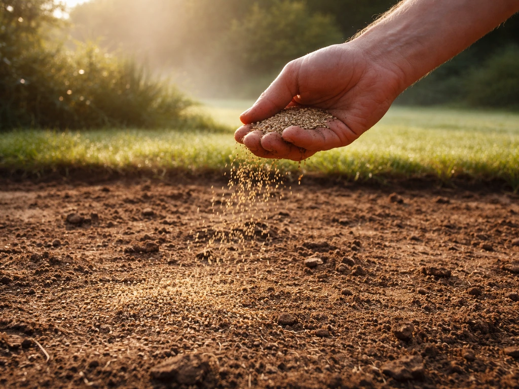 Hand strooit graszaad uit op droge aarde in de vroege ochtend, met lage zon en dauw in de lucht.