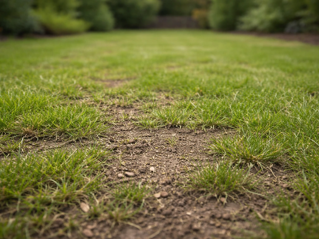Kort gemaaid gras en fijngeharkte grond in de tuin, met kale aarde zichtbaar voor graszaadcontact.
