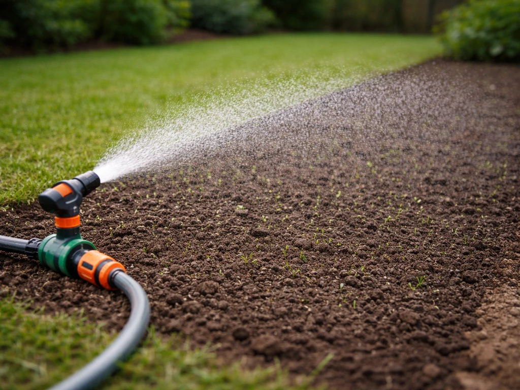 Fijne sproeikop die gelijkmatig water geeft op vers gezaaid gras zonder waterstromen.