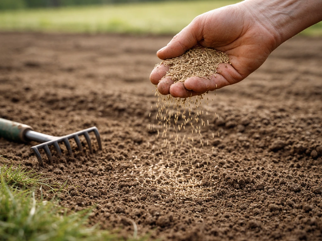 Handen die graszaad uitstrooien op een geharkte bodem, met een hark in het kader van een net ingezaaid gazon.
