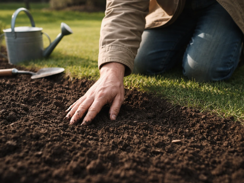 Tuinier steekt een hand in de aarde om te voelen of de bodem warm genoeg is voor graszaad