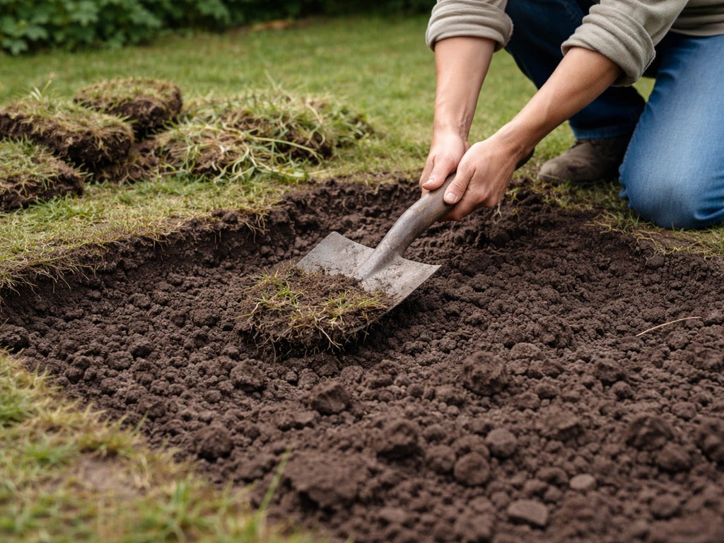 Iemand schept en maakt de grond los in een tuinbed, met verwijderde graszoden op de achtergrond