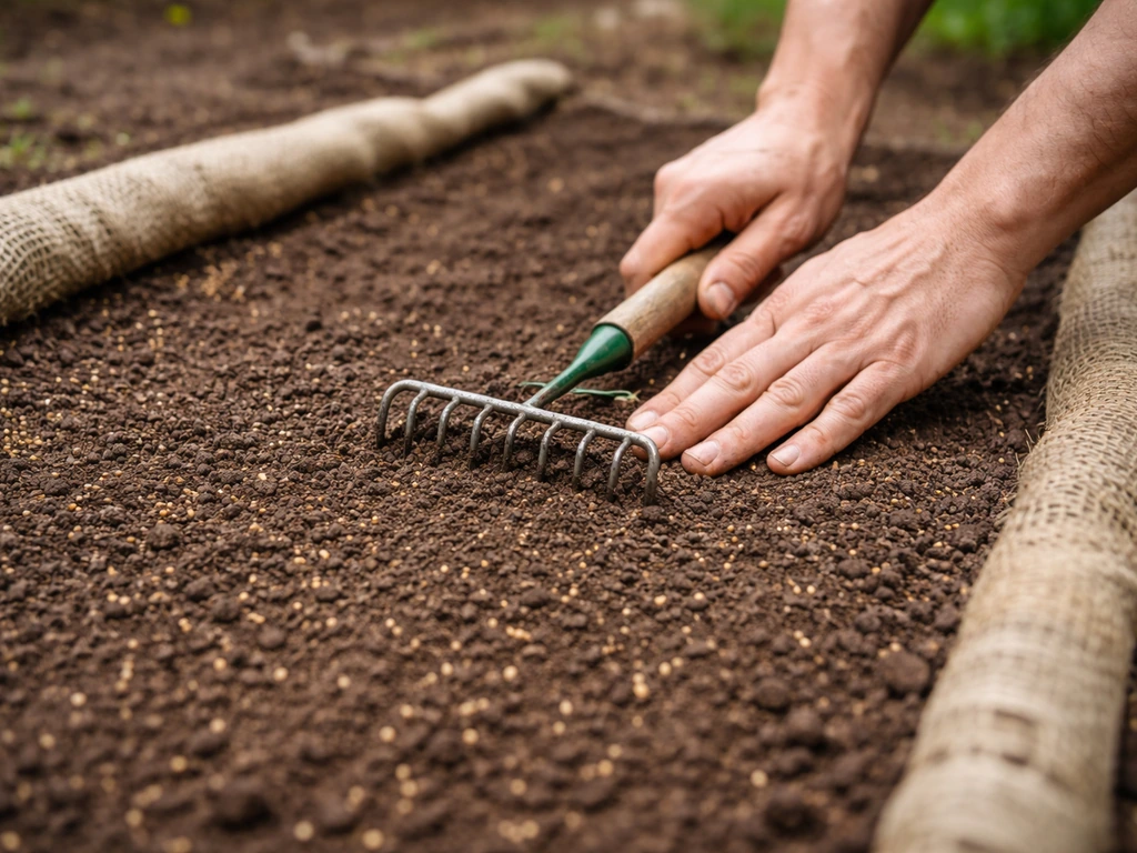 Hand rolt of harkt de grond lichtjes na het zaaien, met zicht op afgewerkte zaadlaag in een tuinbed