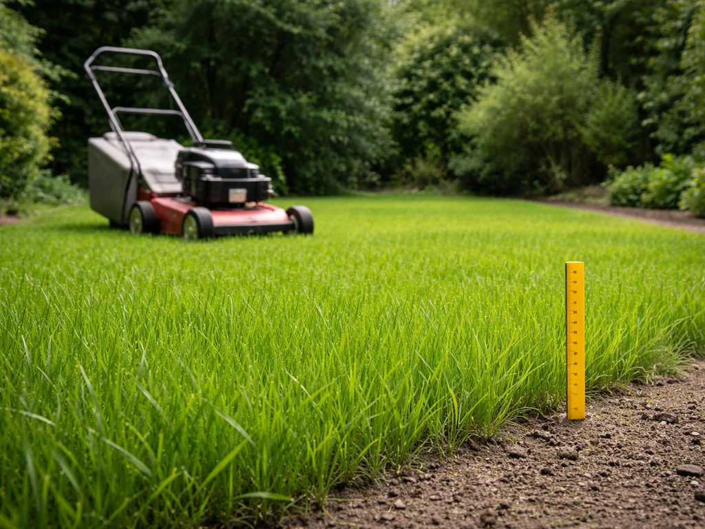 Jonge gazonhalmen van 8–10 cm met grasmaaier en meetlint naast het gras, klaar voor de eerste maaibeurt