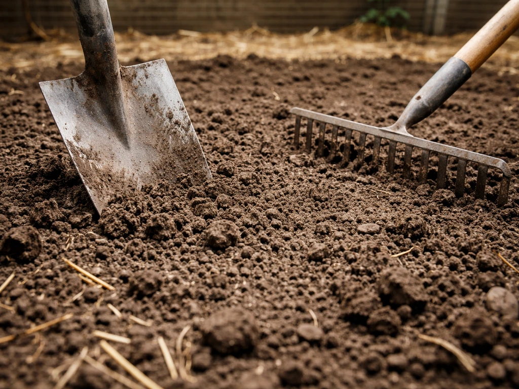 Close-up van een schoffel en spade die verdichte grond in een kippenren losmaken, met kruimelige bodemstructuur.