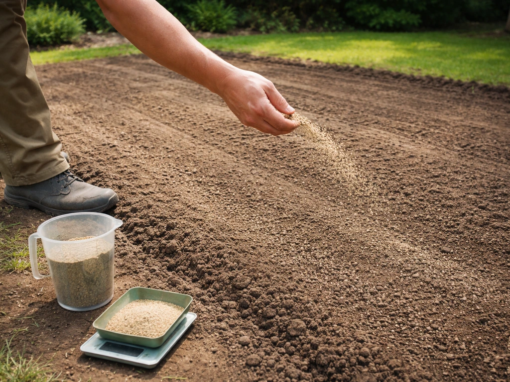 Anonieme handen strooien graszaad in banen; maatbeker en weegschaal bij licht ingeharkte toplaag in een tuin