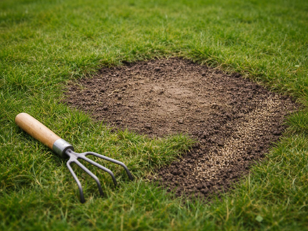Kale plek in een groen grasvak door krabben en trappelen, met ingezaaide plek en kleine hark naast het gras.