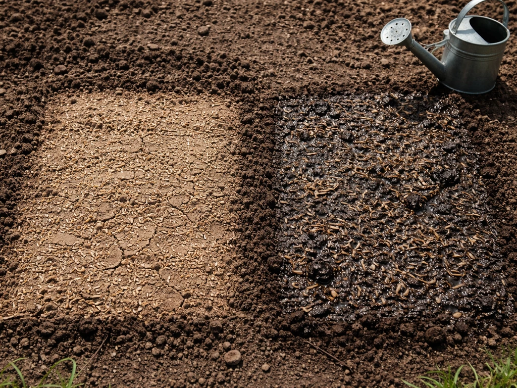 Vergelijking van droge en te natte zaaigrond voor gras: droge korst links, vochtige aarde rechts met gietertje.