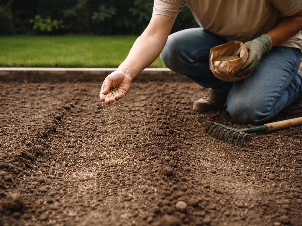 Anonieme persoon zaait graszaad in losgemaakte, harde grond in een Nederlandse tuin.
