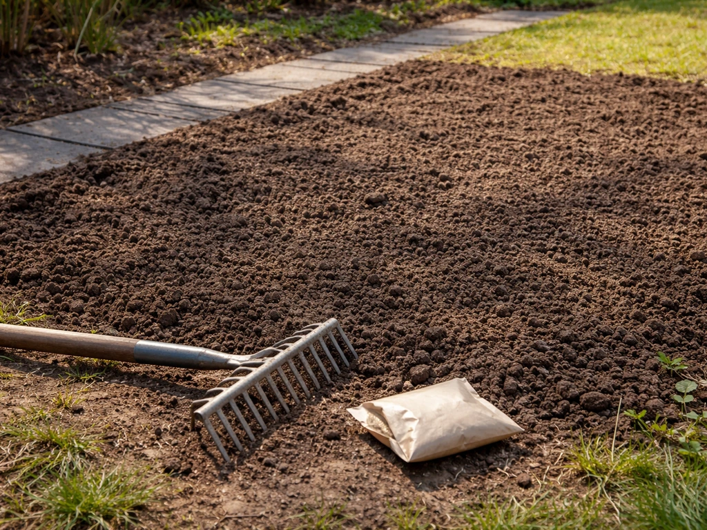 Voorjaarstuin in april: ontdooide aarde met klaarstaand tuingereedschap voor het zaaien van gras.