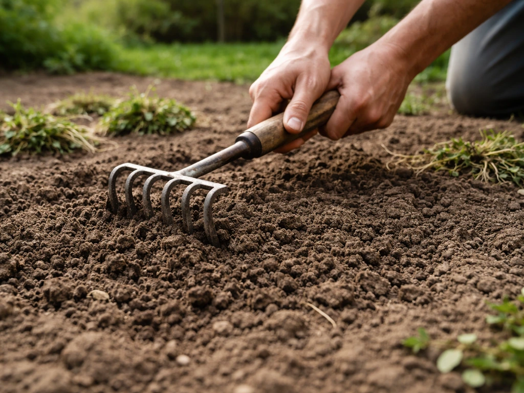 Handen met hark maken harde aarde los; verwijderd onkruid ligt op de grond in een rustige tuin.