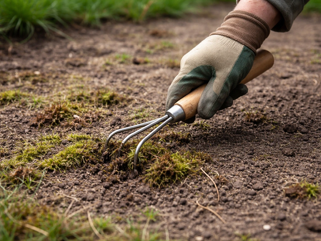 Anonieme hand die mos en dood plantmateriaal van kale tuingrond wegschraapt, toplaag luchtig maken.