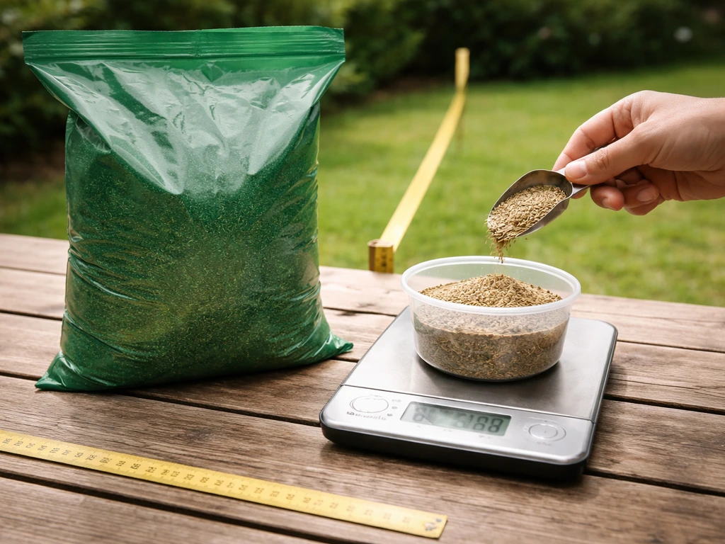 Anonieme hand weegt graszaad op een weegschaal naast een maatlint op een tuintafel.