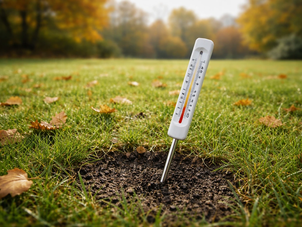 Herfstgazon met thermometer in de grond die bodemtemperatuur rond 10°C aangeeft