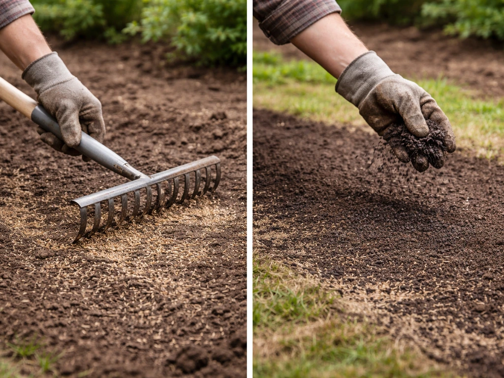 Handen die graszaad licht inwerken met een hark en er een dun laagje zand/compost over aanbrengen.