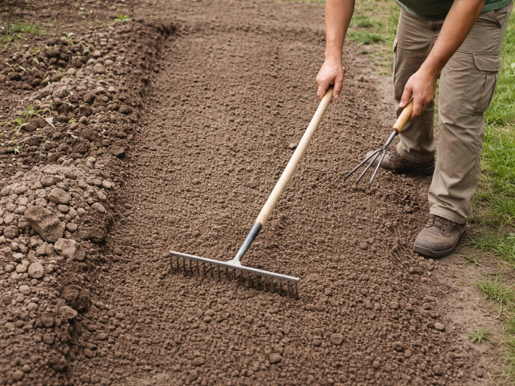 Anonieme tuinier die de aarde fijn en los egaliseert voor een nieuw graszaaibed, met zichtbare onkruidresten.
